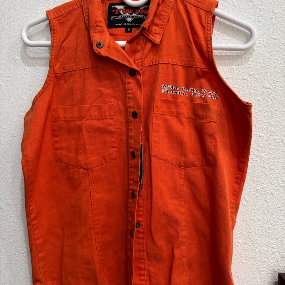 Orange Sleeveless Button Down Shirt